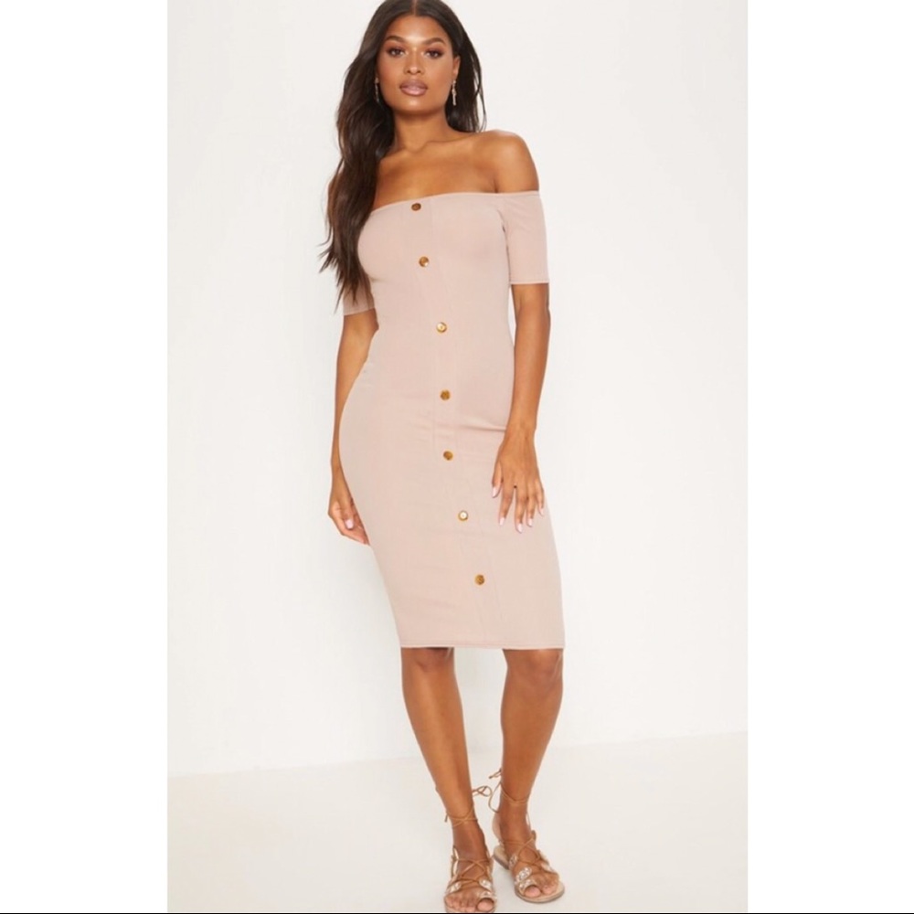 Ribbed Button Bardot Midi Dress